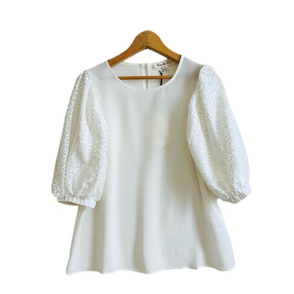 Vine & Love Ivory White Sequin Puff Sleeve Dressy Blouse Top Size Small NEW - Picture 12 of 12